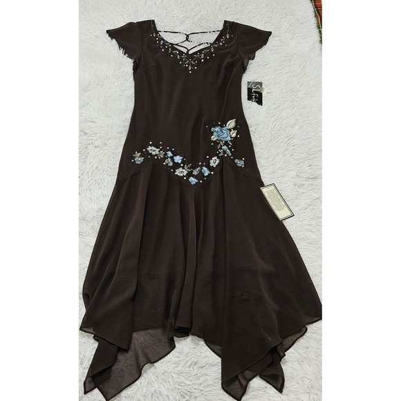 S.L. Fashions Dresses & Skirts - S.L. Fashions Sz 12 Y2k Brown Beaded Floral Embroidery Fairycore Whimsical Dress